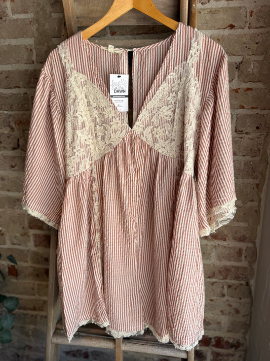 Bell Sleeved Striped Lace Romper - Brown