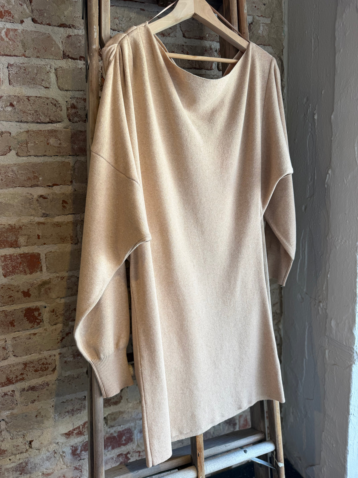 Knit Off Shoulder Sweater Dress- Beige