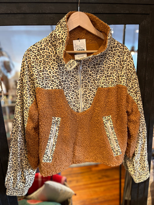 Camel + Leopard Zip Pullover