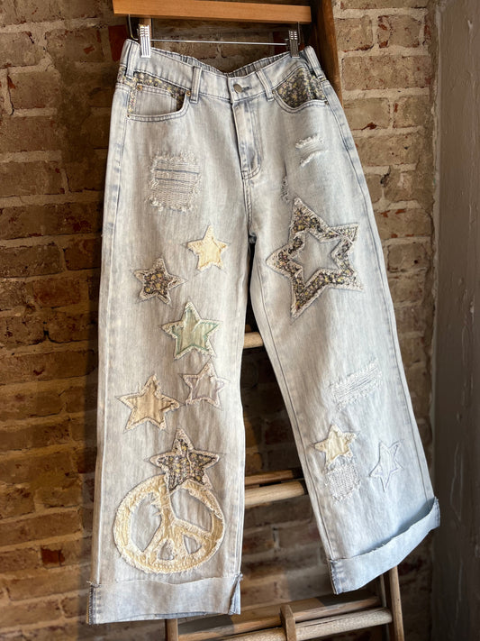 Washed Star Patchwork Denim Jeans