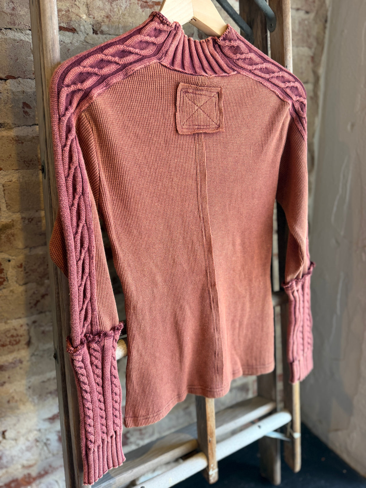 Rust Mock Neck Mixed Media Top