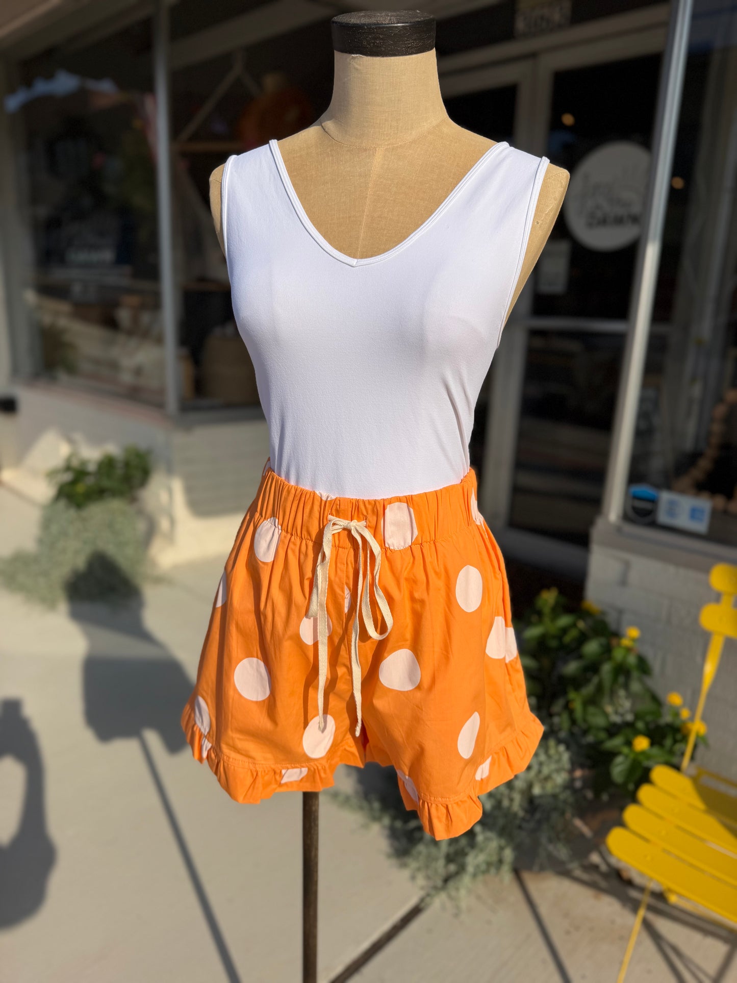 Orange+White Polka Dot Ruffle Shorts