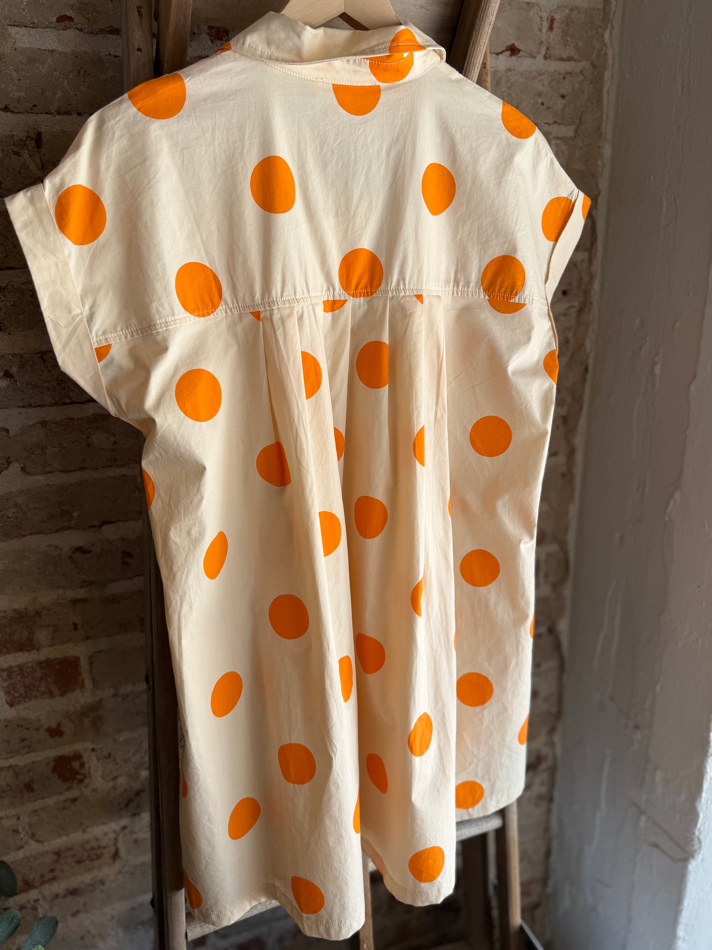Polka Dot Pleated Dress- Orange/Cream