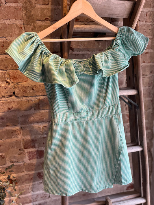 Off Shoulder Striped Green Romper