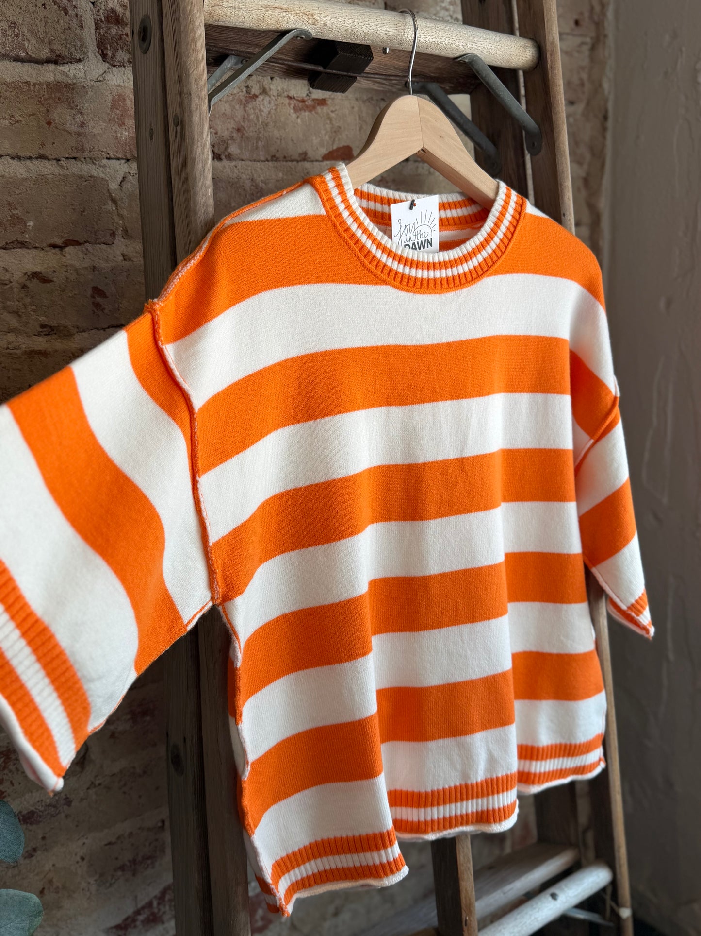 Orange+White Knit Striped Oversized Top