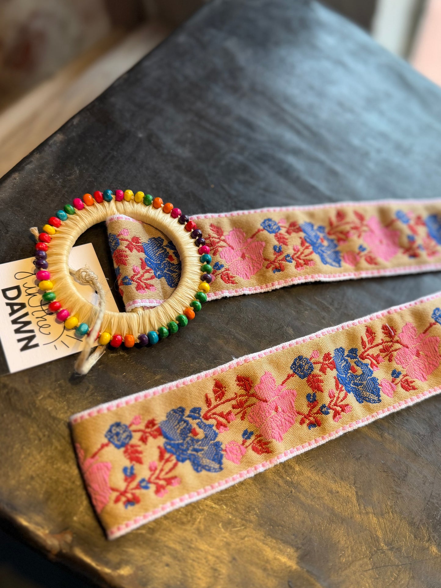 Floral Beaded Belt - Beige/Blue