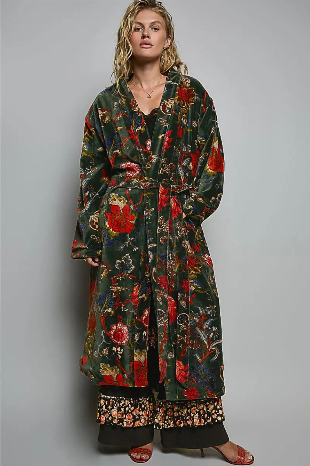 Full Length Tie Belt Kimono -Green
