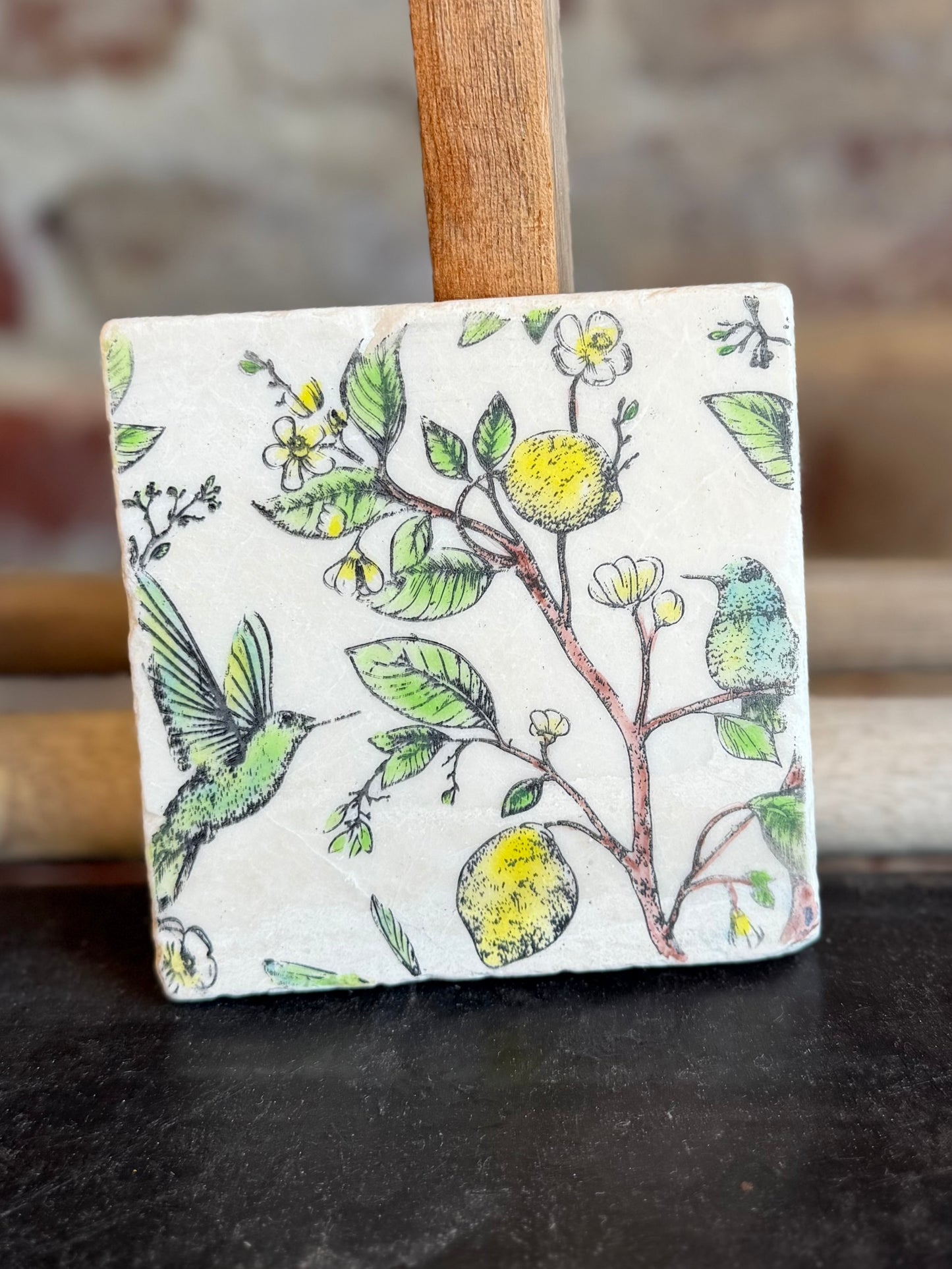 Chinoiserie Lemon and Hummingbird Marble Coaster