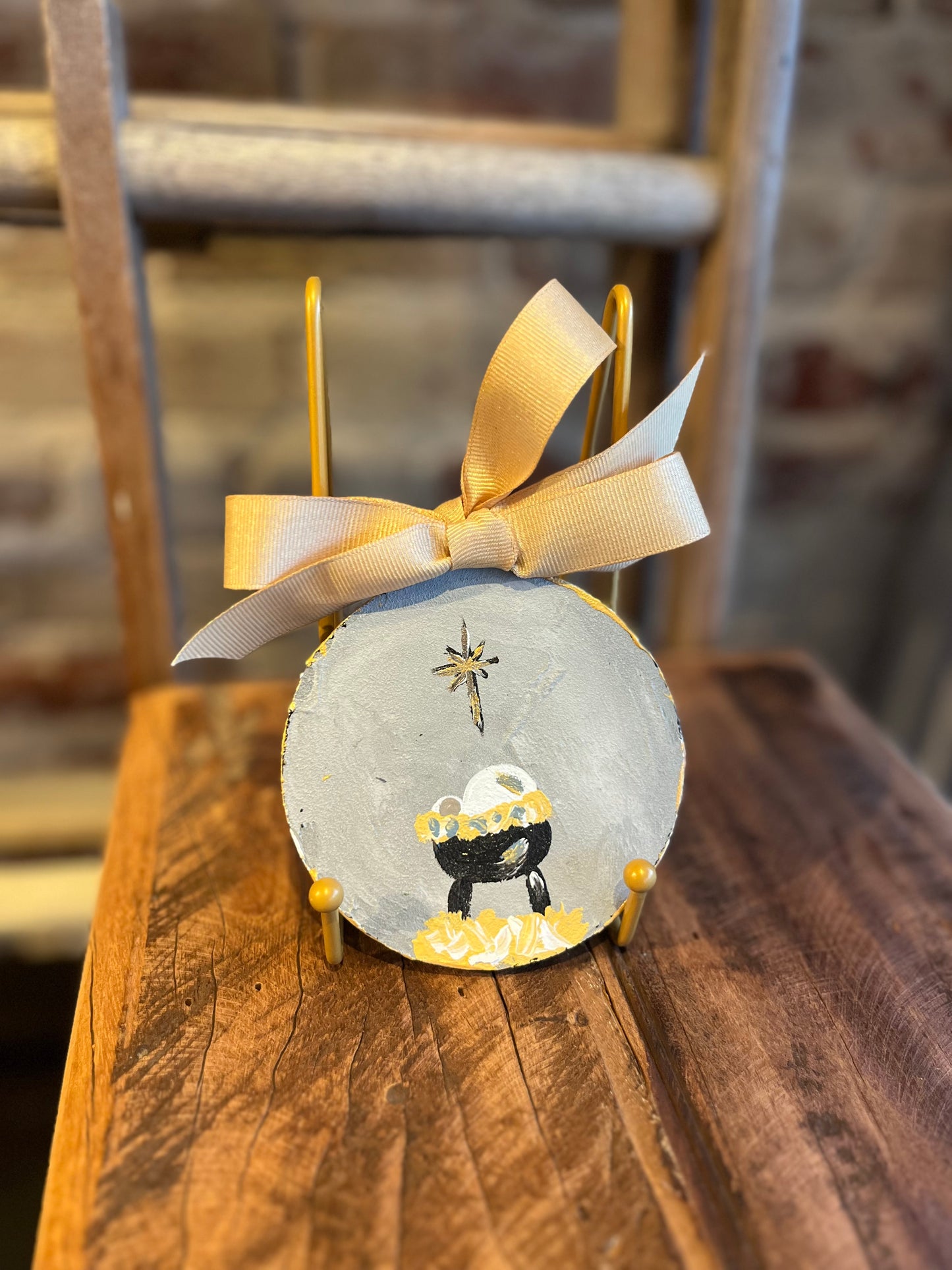 Gold Ribbon Manger Ornament- Handpainted