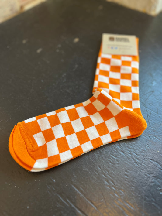 Checkerboard Men's Crew Socks- Orange/White