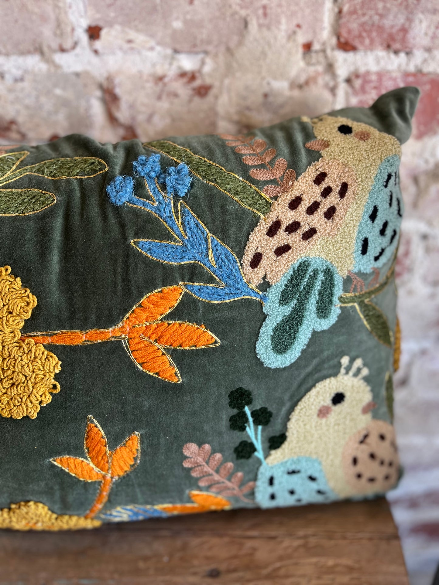 Bird Embroidery Luxe Pillow- Green
