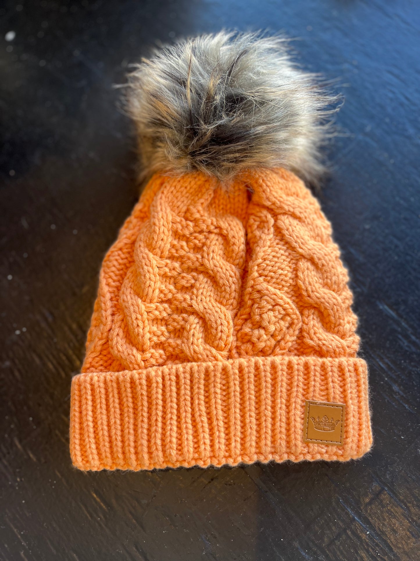 Cable Knit Pom Beanie- Light Orange