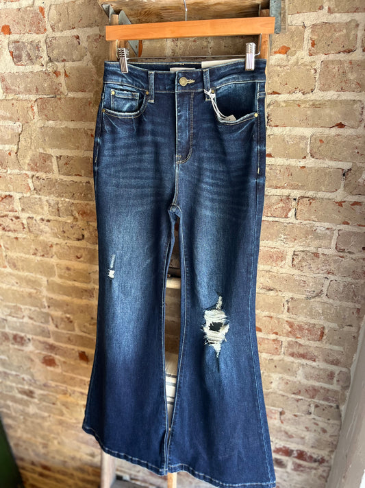 Distressed High Rise Flare Jeans- Dark