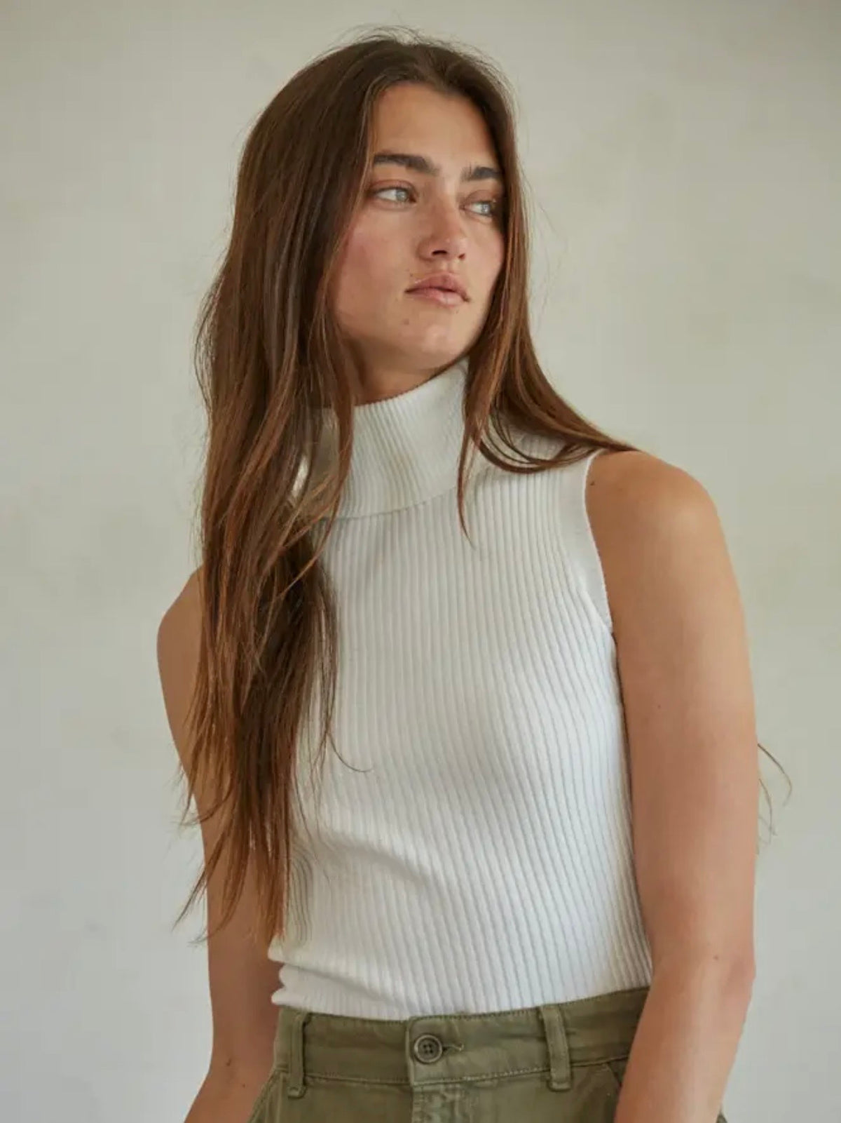 Knit Turtleneck Sleeveless Top- Off White
