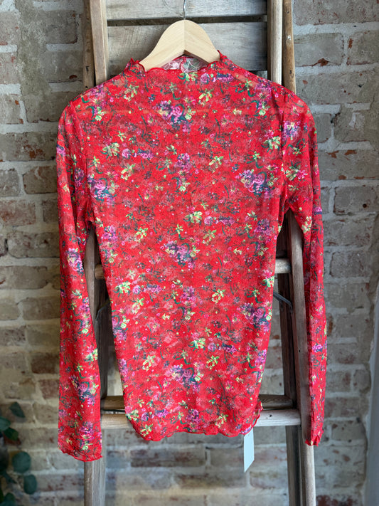Floral Sheer Long Sleeve Top - Red