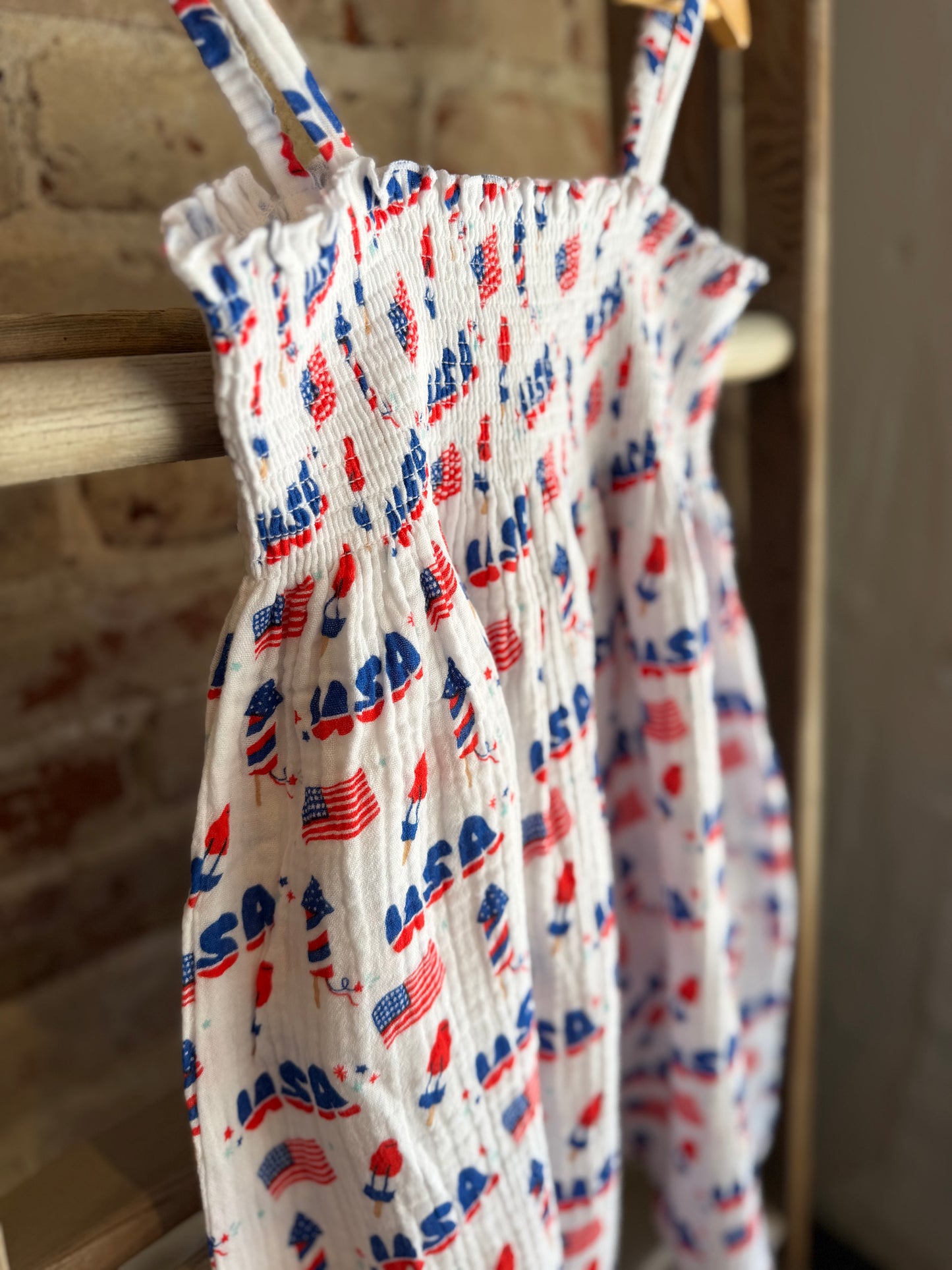 Retro Americana Muslin Smocked Dress-White