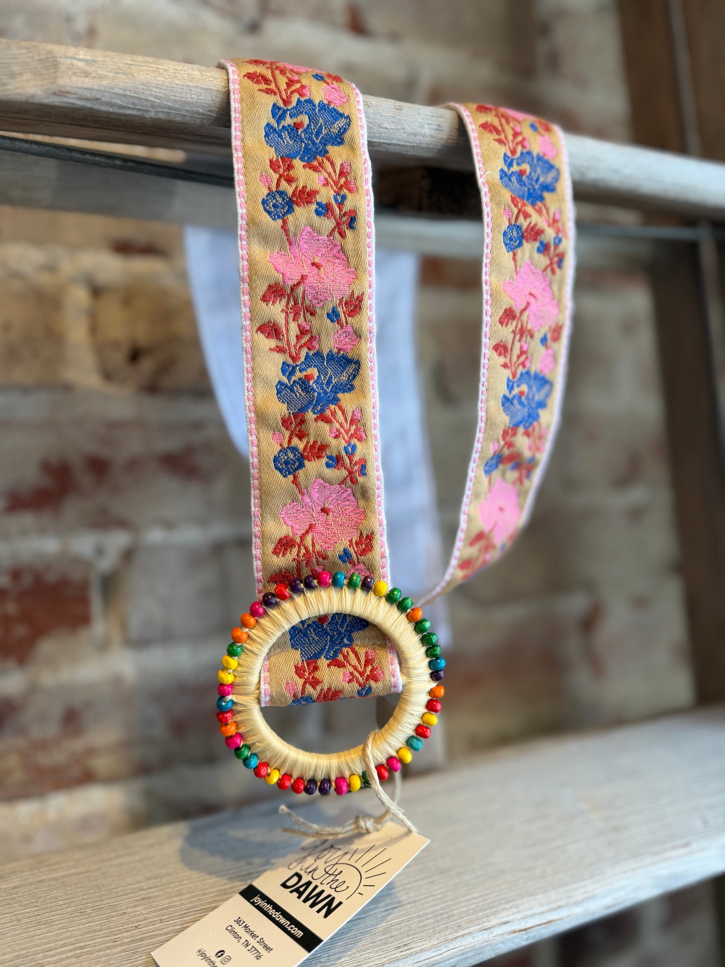 Floral Beaded Belt - Beige/Blue