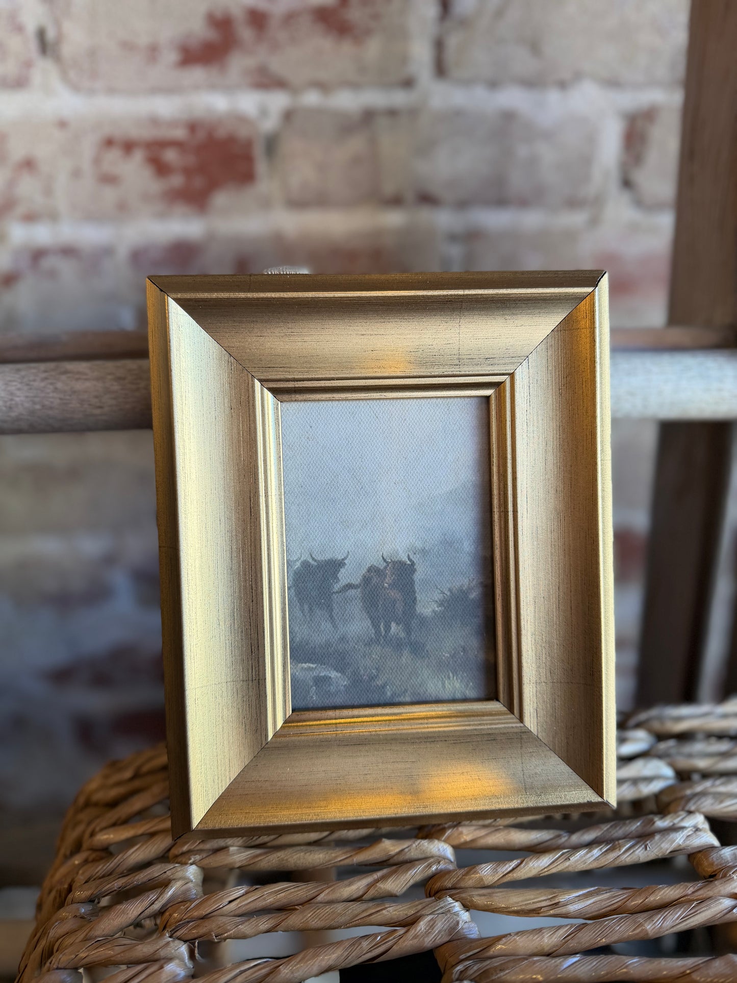 Bulls on a Misty Morn Framed Antique Art