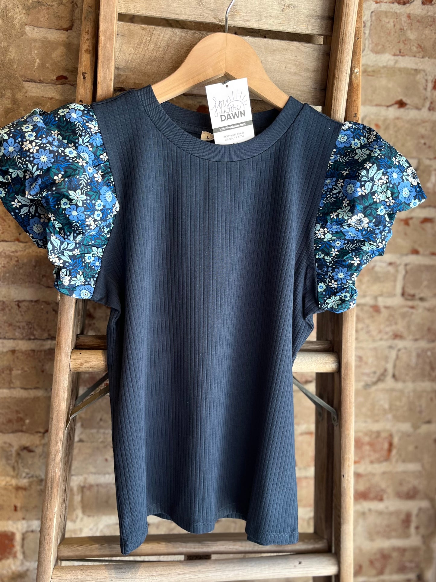 Floral Flare Ribbed Top- Navy