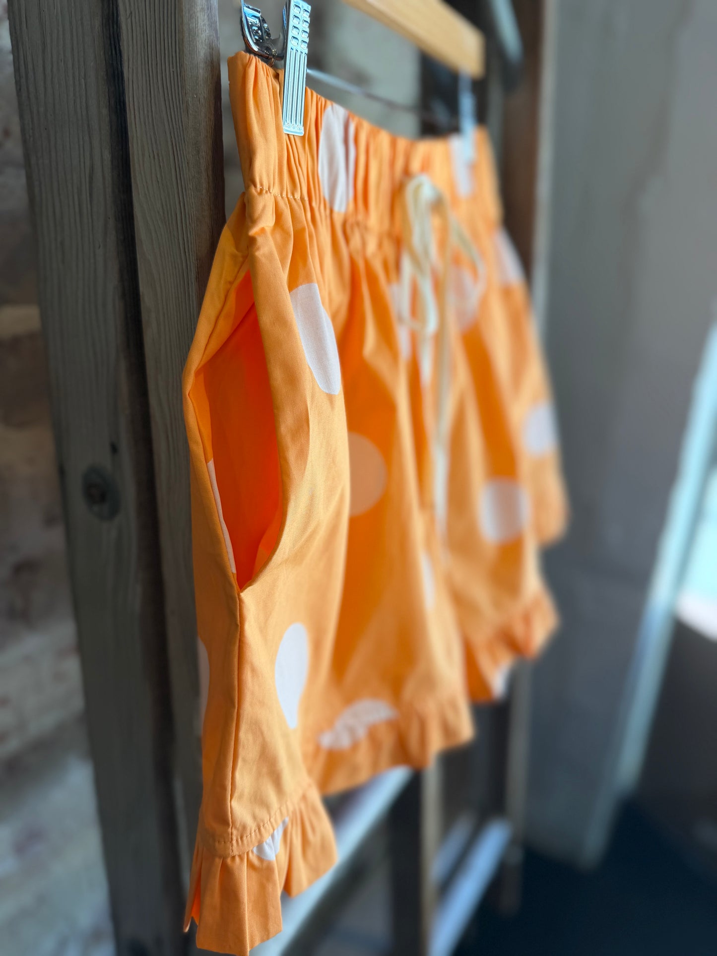 Orange+White Polka Dot Ruffle Shorts