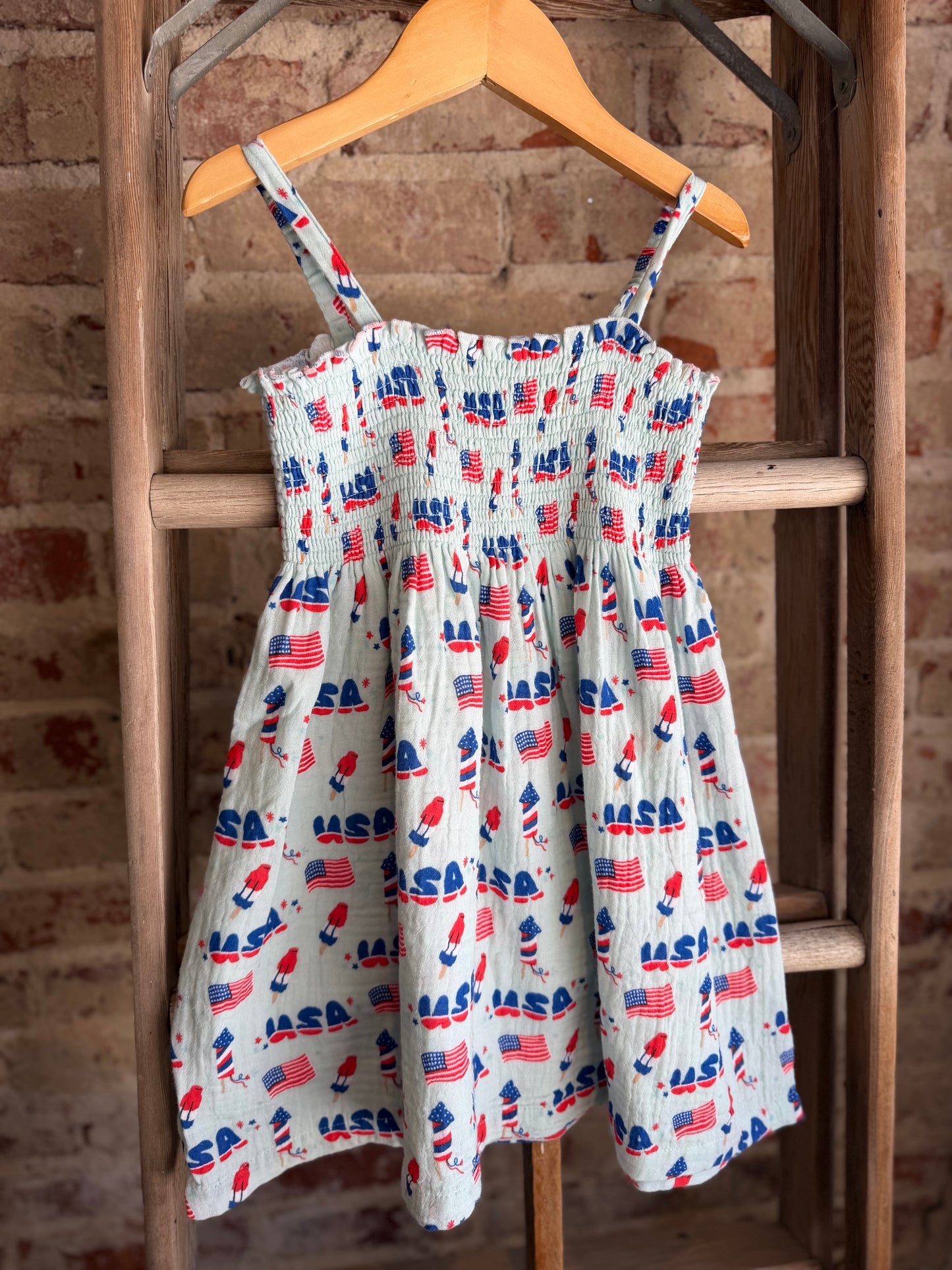 Retro Americana Muslin Smocked Dress- Blue
