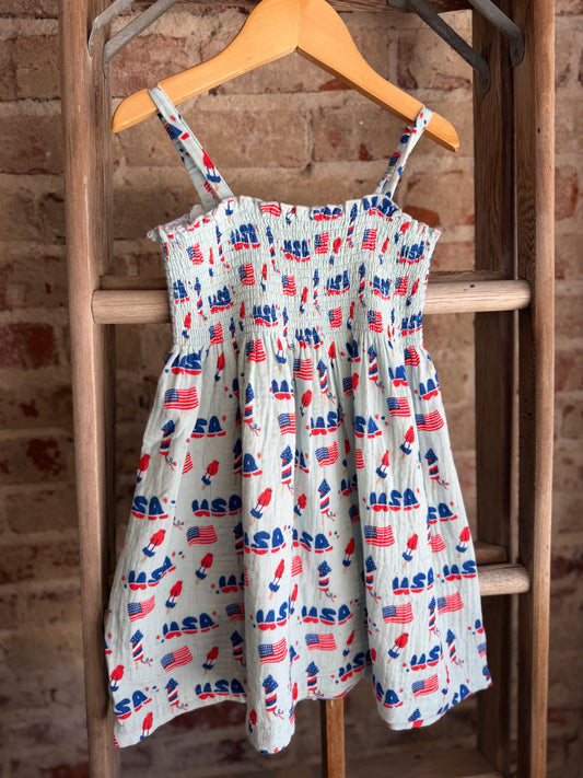 Retro Americana Muslin Smocked Dress- Blue