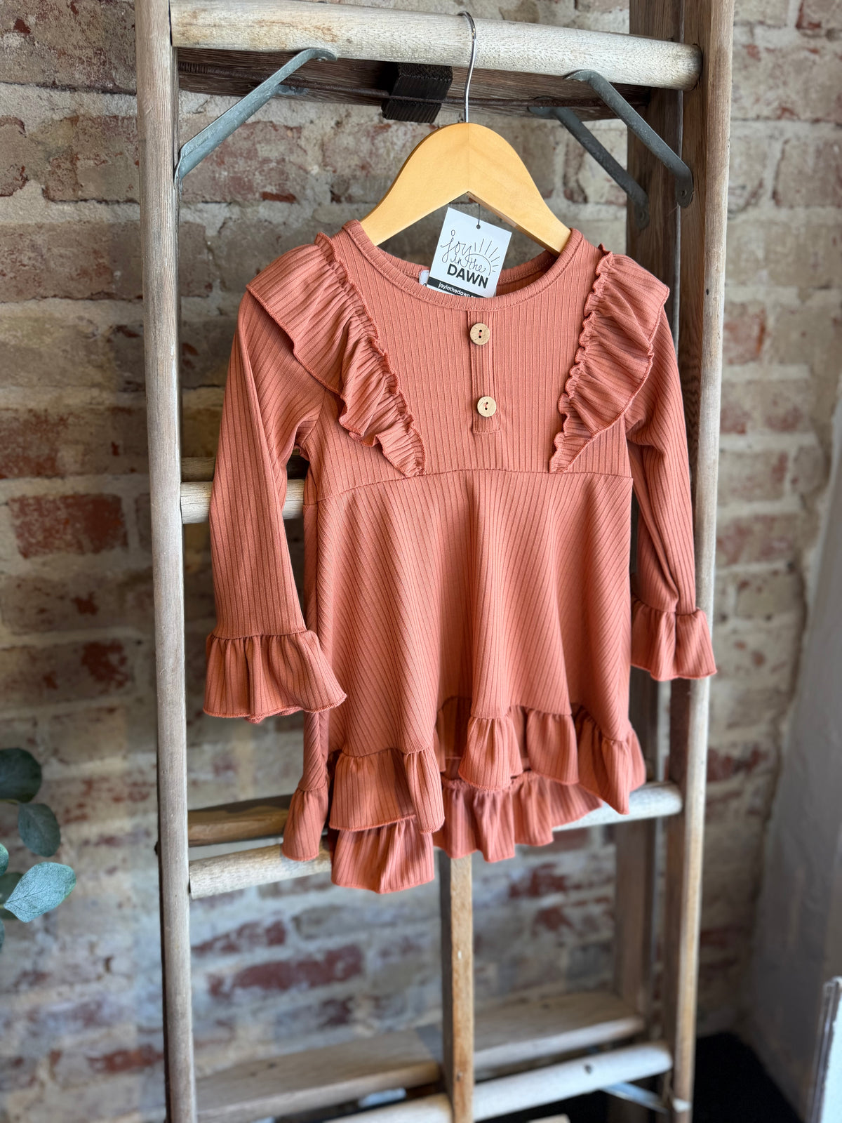 Ribbed Long Sleeve Ruffle Tunic-Rust