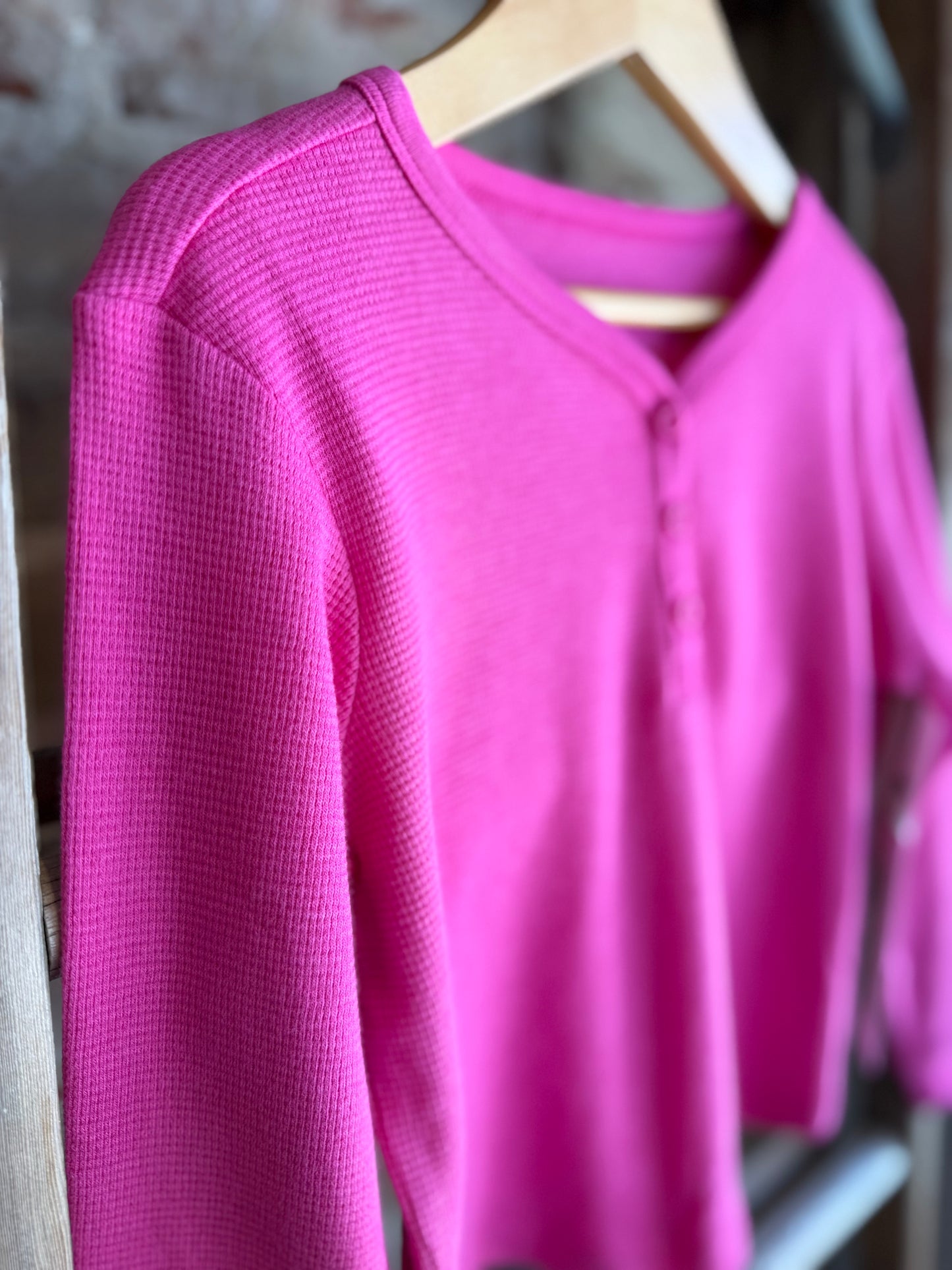 Girls Waffle Knit Henley -Fuchsia