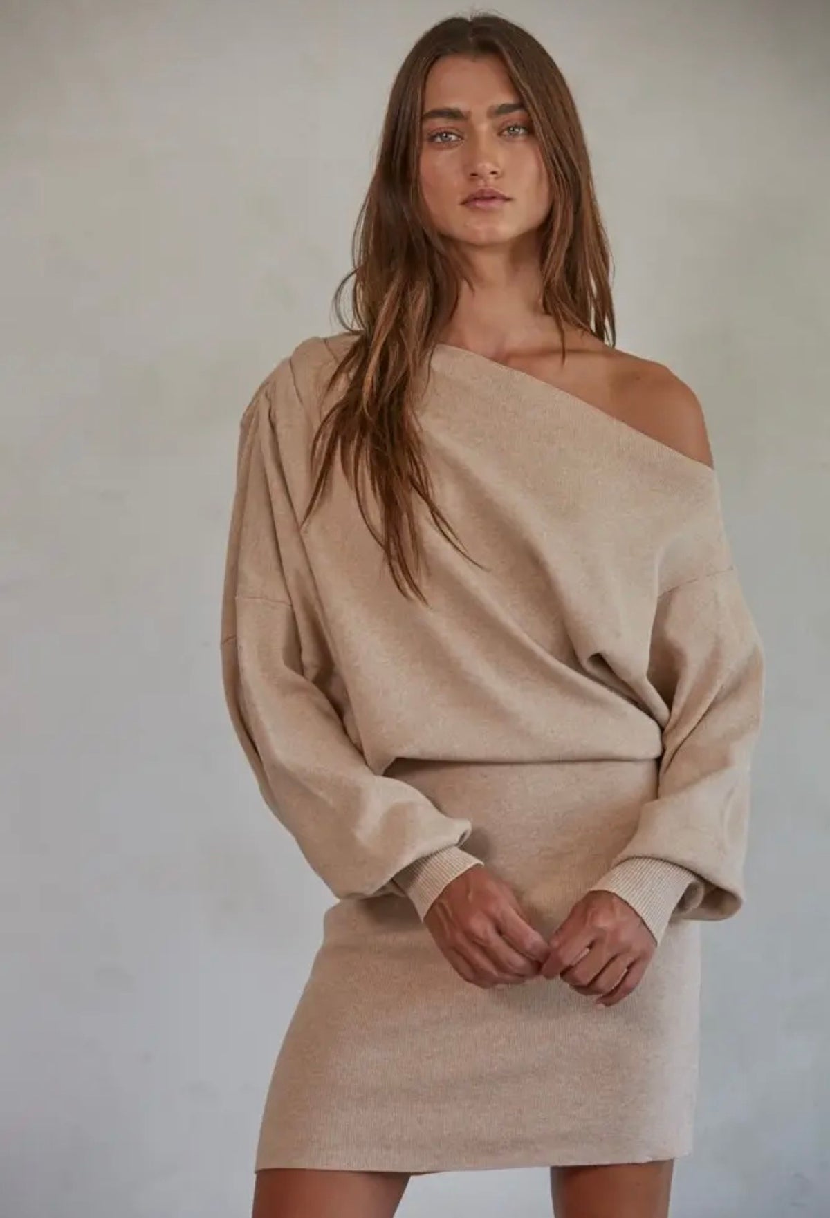 Knit Off Shoulder Sweater Dress- Beige