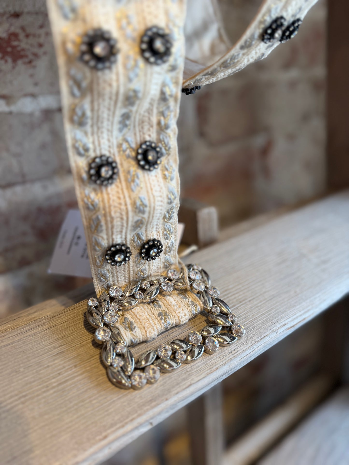 Sparkly Square Buckle Belt - Cream