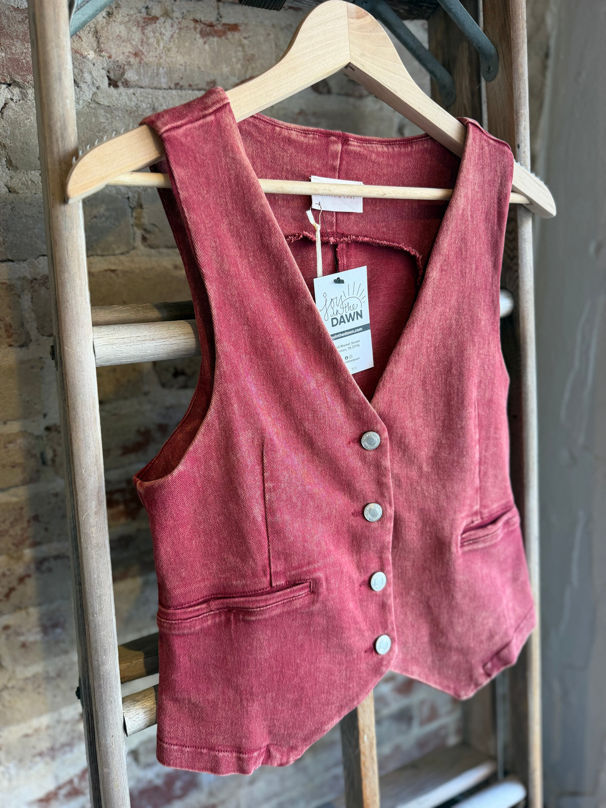 Acid Washed Denim Vest - Red