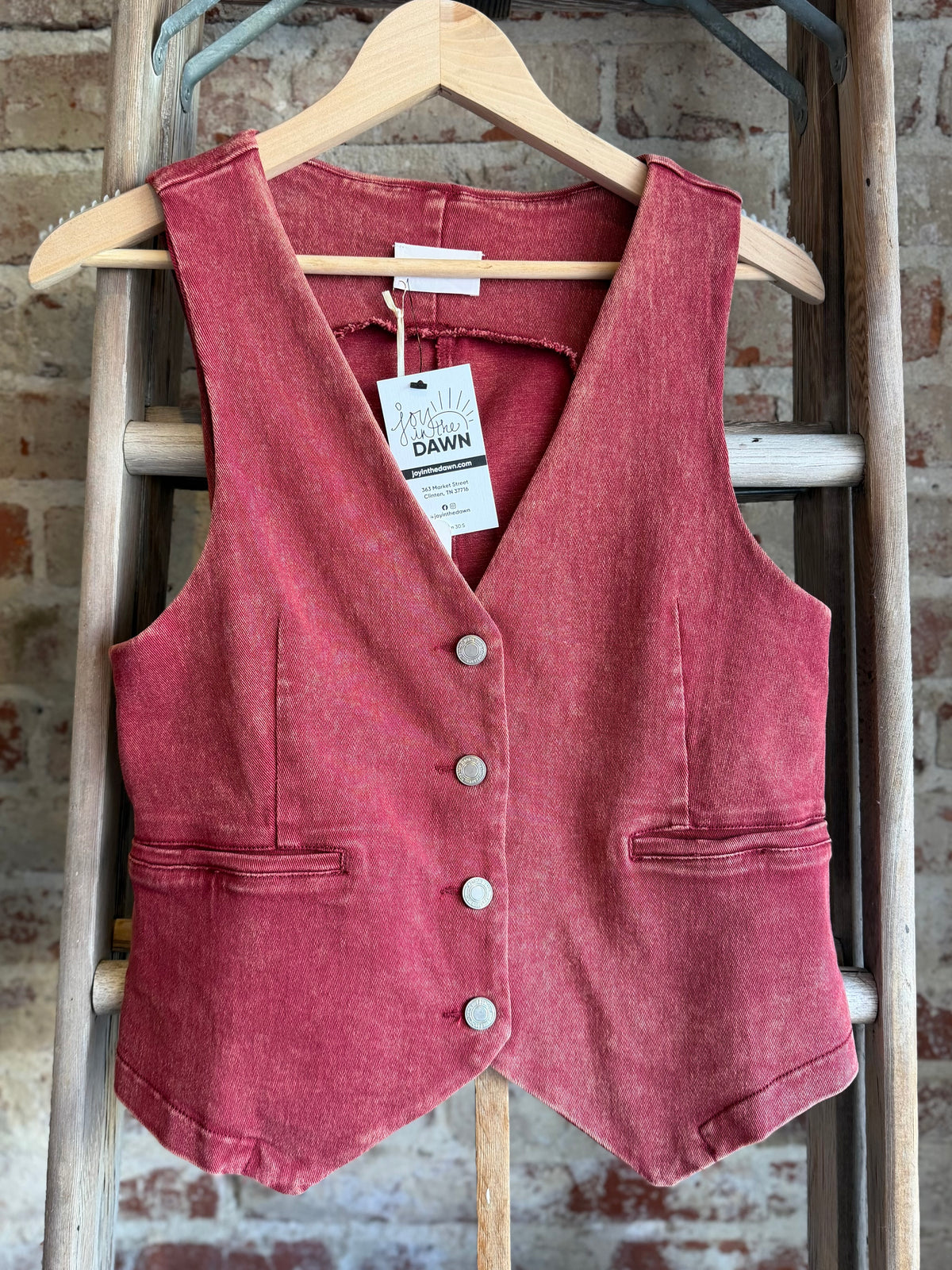 Acid Washed Denim Vest - Red