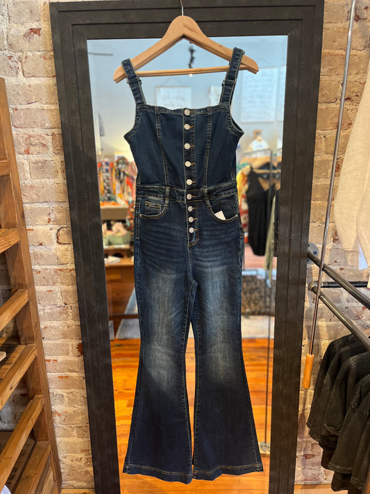Button Up Flare Leg Jumpsuit - Dark