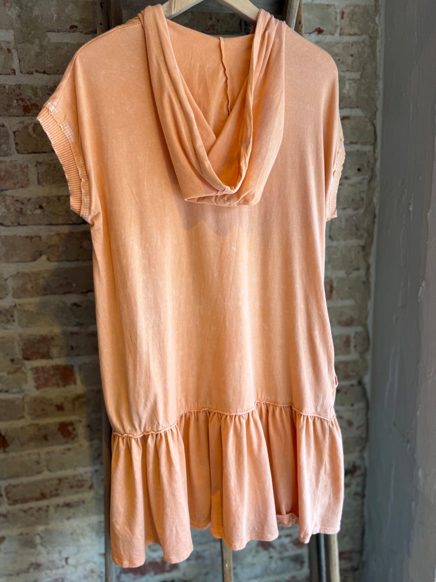 Mineral Wash Hooded Tiered Dress - Light Orange
