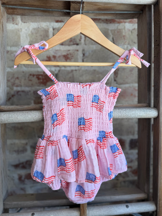Americana Muslin Smocked Bubble Skirt Onesie- Pink