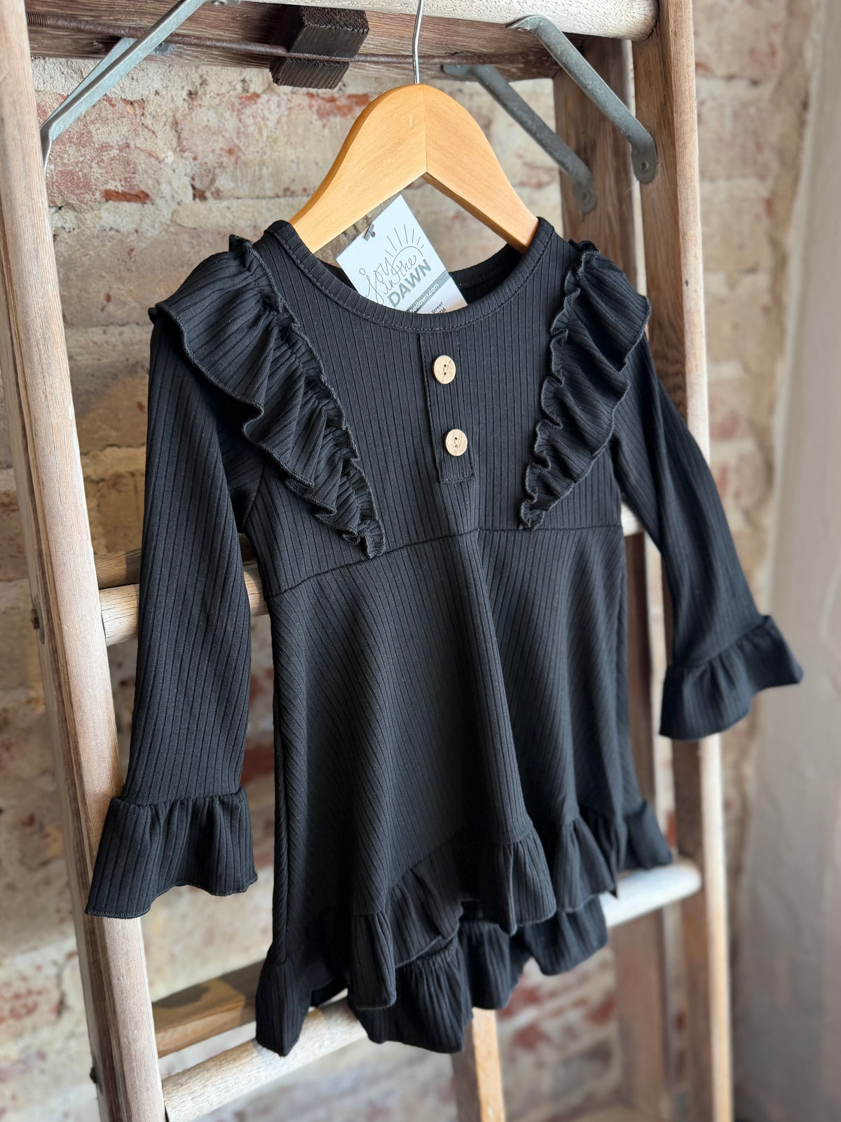 Ribbed Long Sleeve Ruffle Tunic- Black