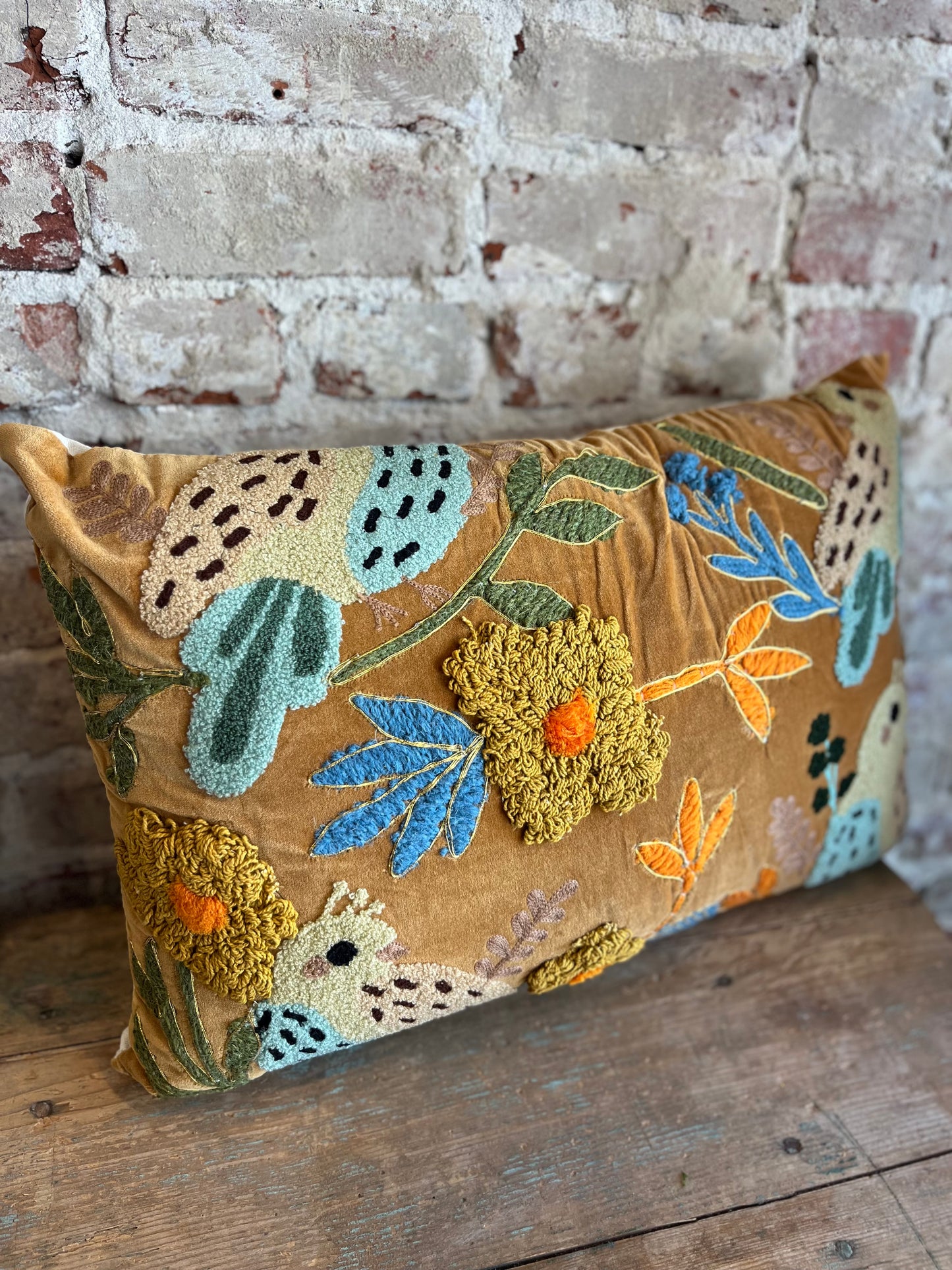 Bird Embroidery Luxe Pillow- Gold