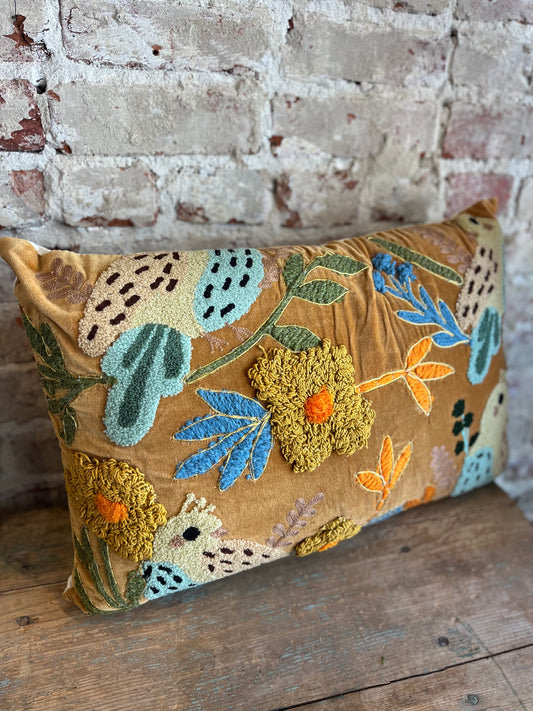 Bird Embroidery Luxe Pillow- Gold