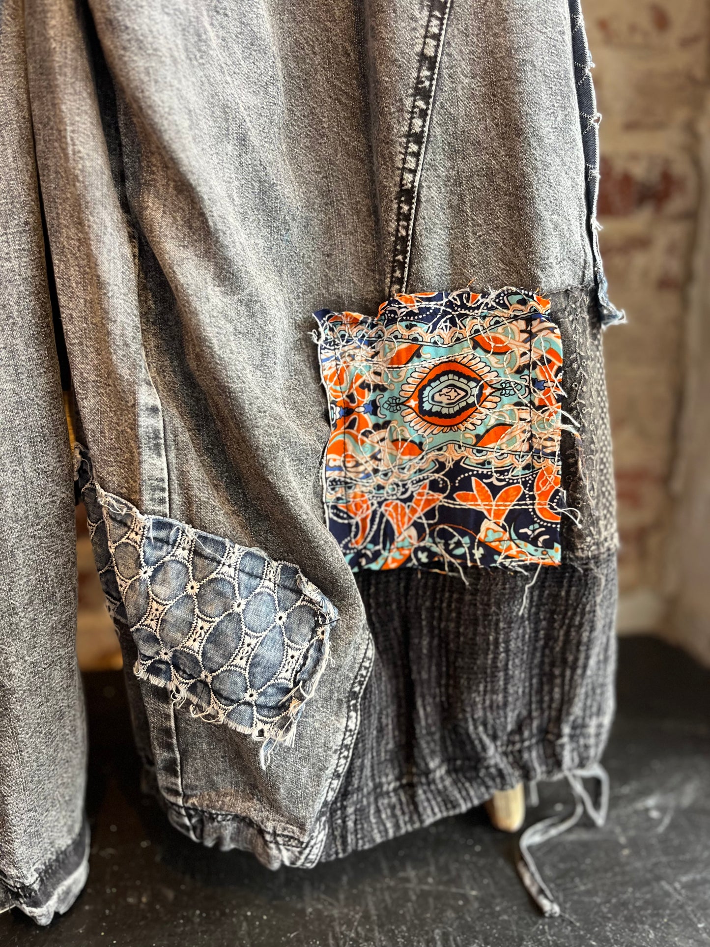 Patchwork Tencel Overalls- Black