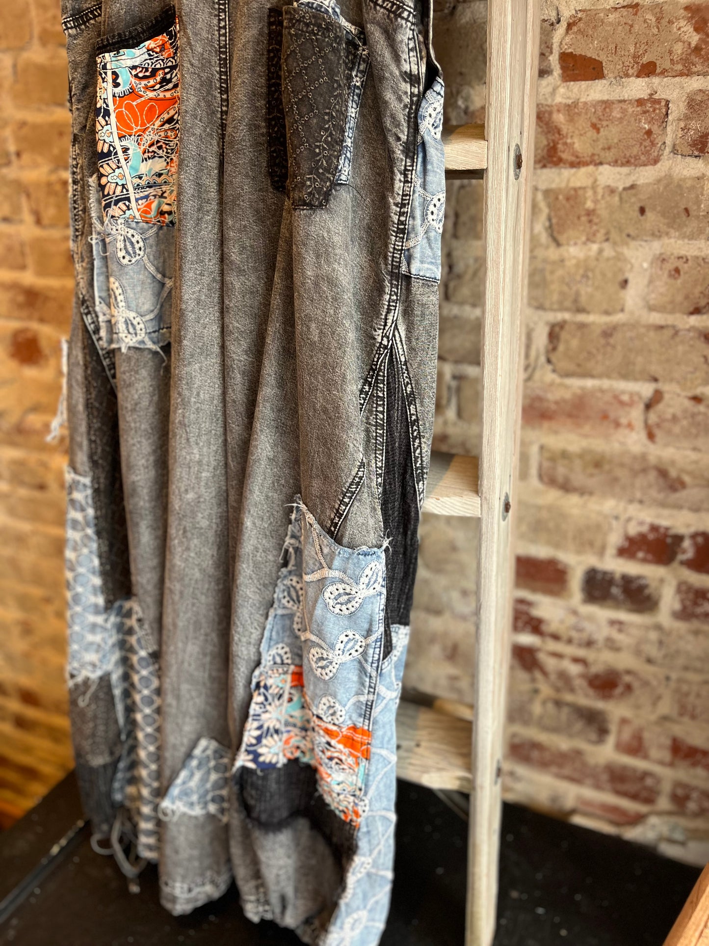 Patchwork Tencel Overalls- Black