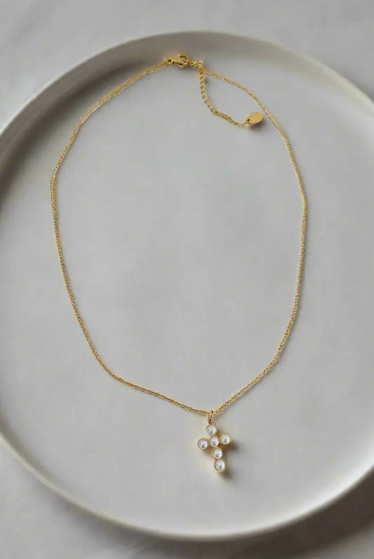 Gold Peal Cross Necklace