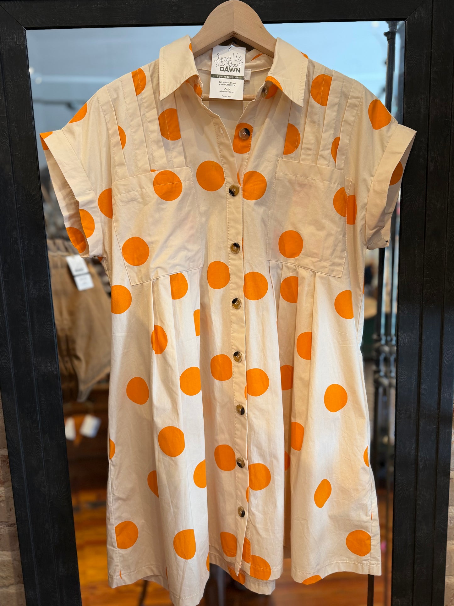 Polka Dot Pleated Dress- Orange/Cream