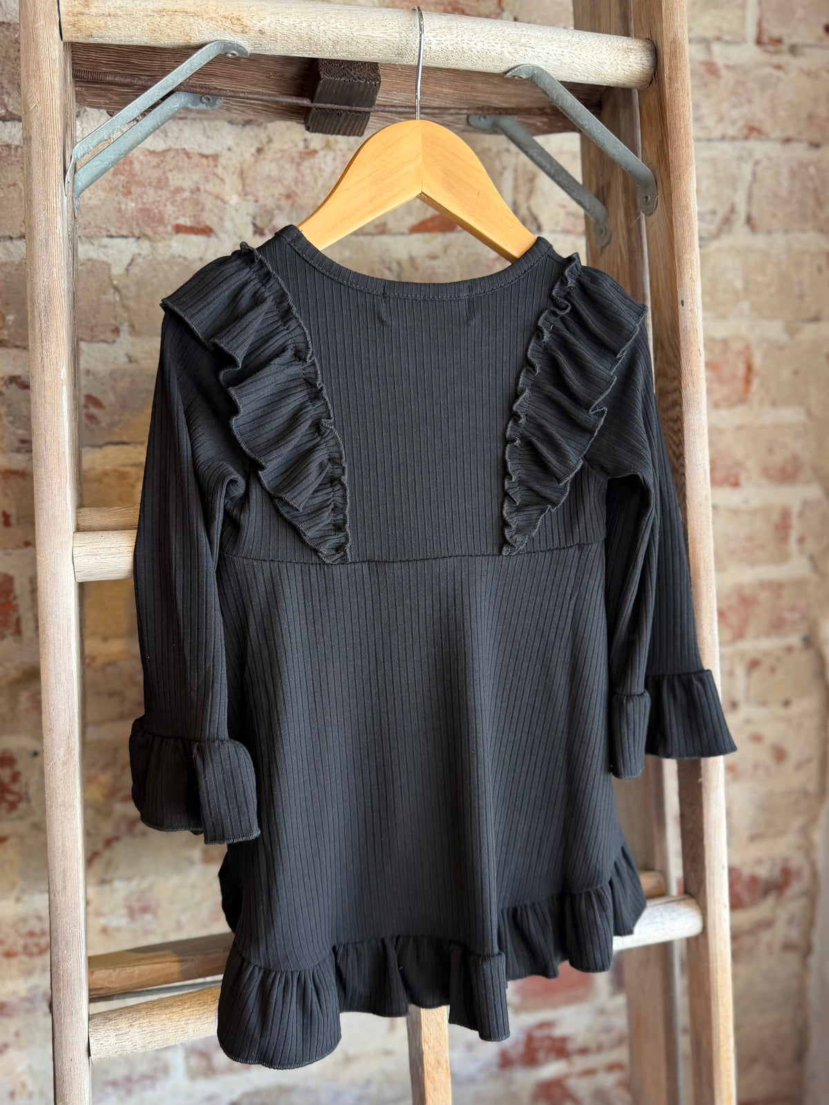 Ribbed Long Sleeve Ruffle Tunic- Black