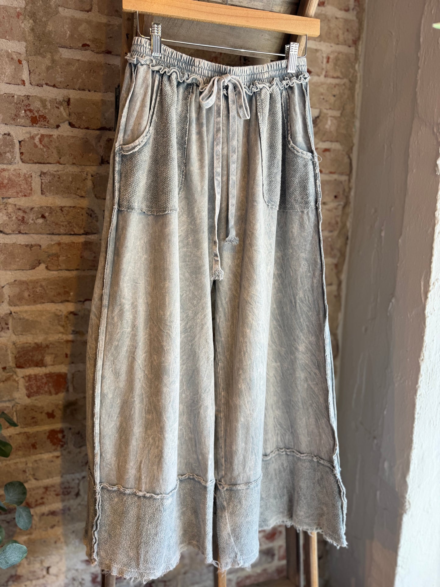 Mineral Washed Wide Leg Pants - Silver Grey