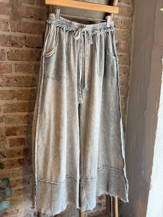 Mineral Washed Wide Leg Pants - Silver Grey
