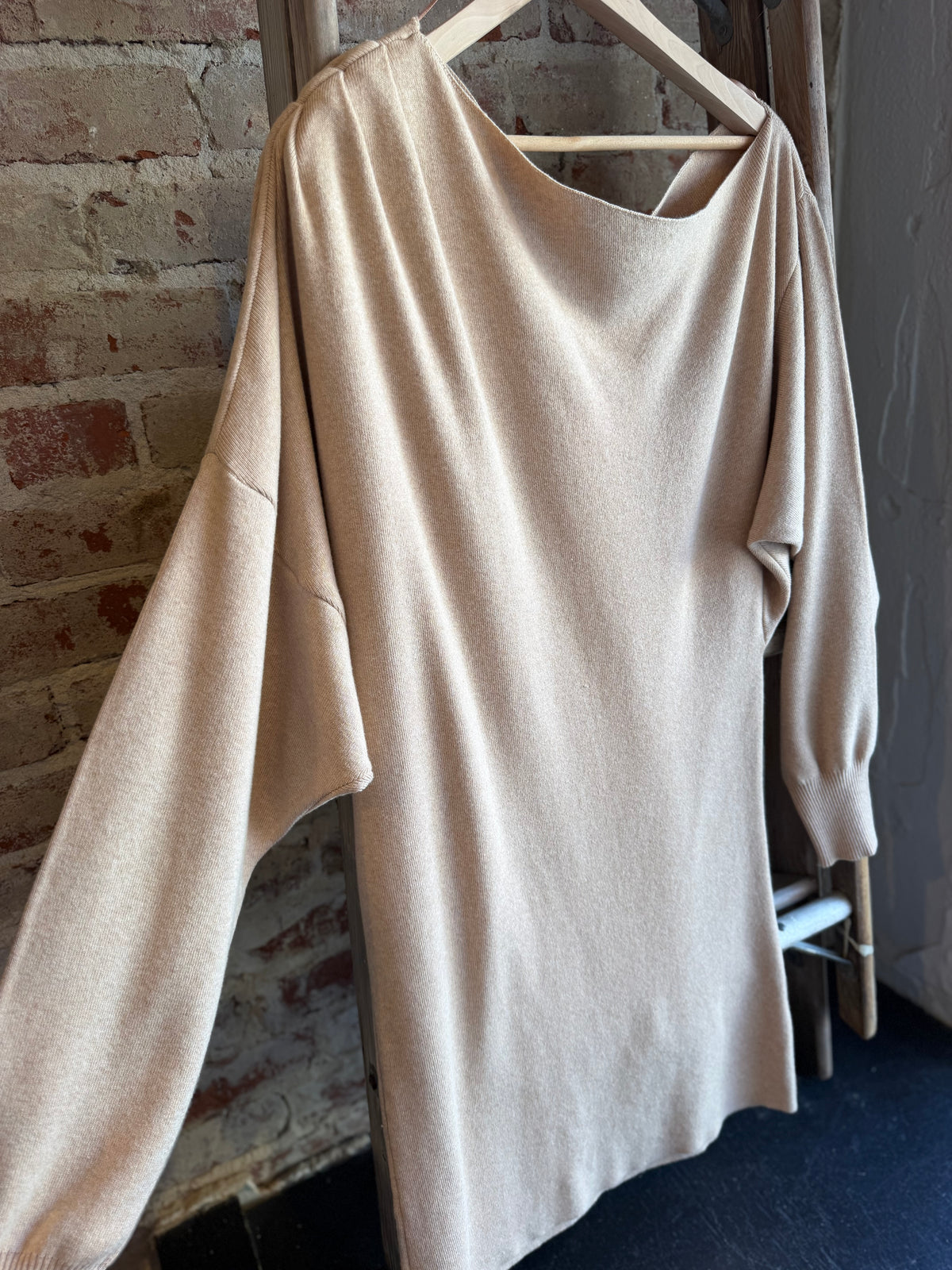 Knit Off Shoulder Sweater Dress- Beige