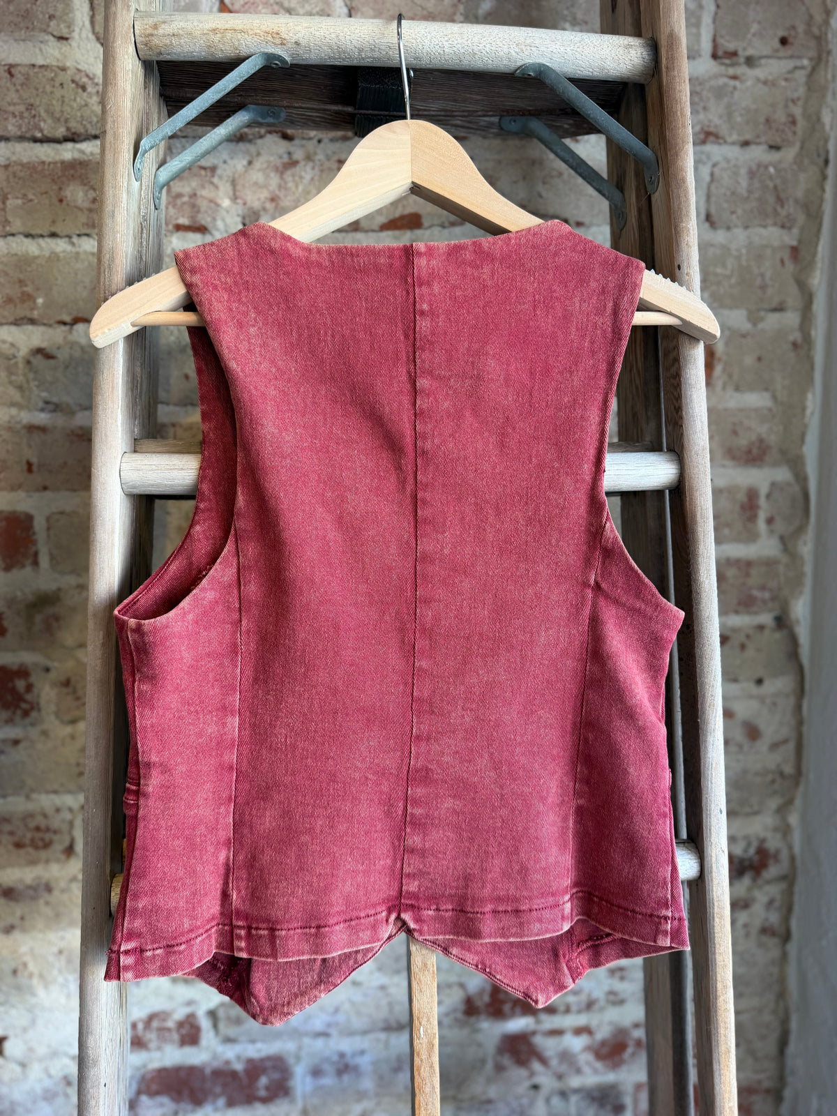 Acid Washed Denim Vest - Red