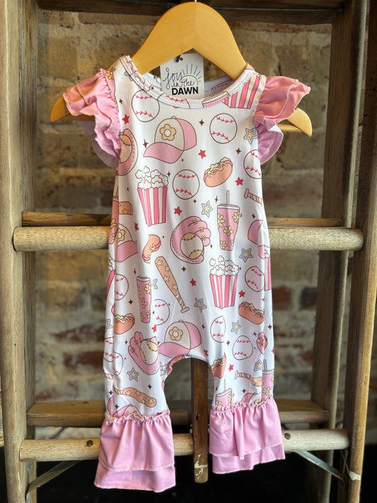 Tiny Baseball Fan Romper- Pink Ruffle