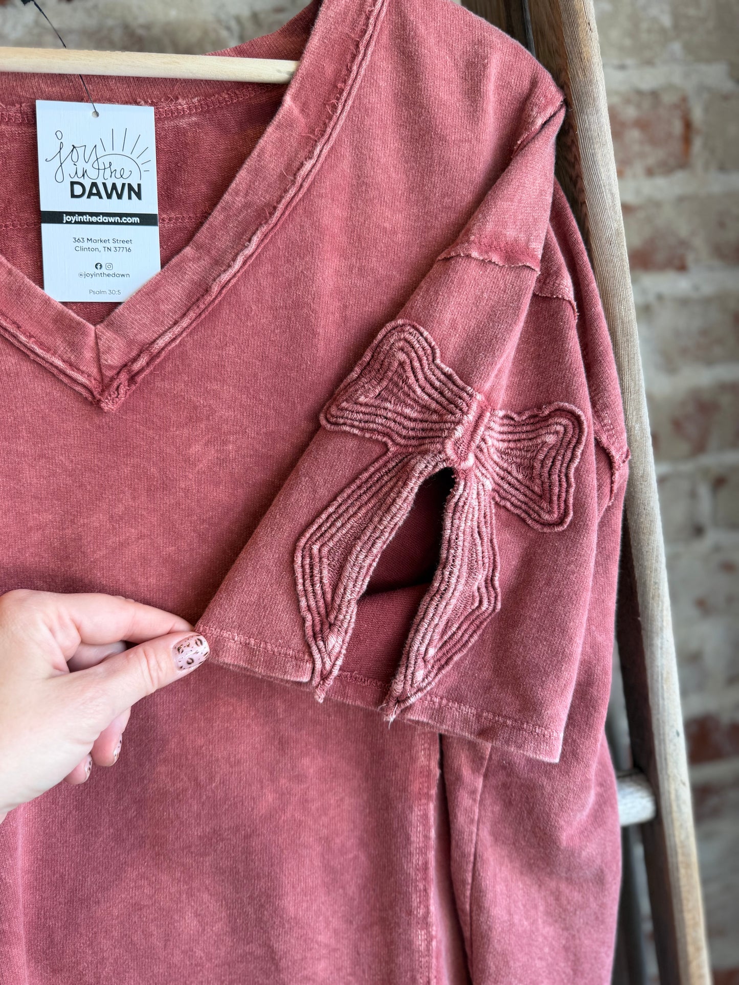 Mineral Wash Bow Sleeve Top - Terracotta