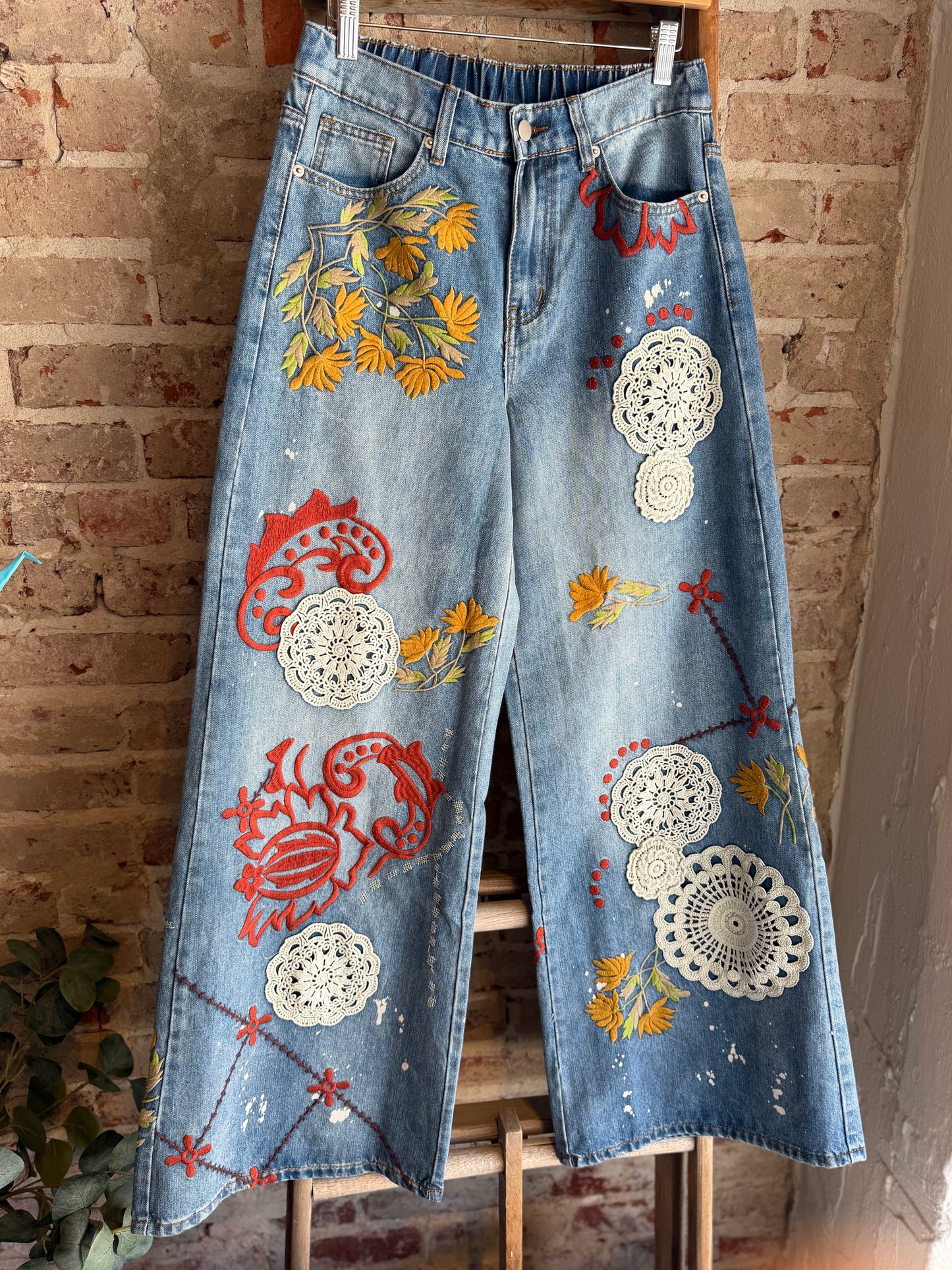 Crochet & Floral Embroidered Jeans